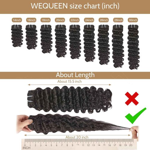 Wequeen 16A Deep Wave Human Hair Bundles 16 18 20 Inch 100% Unprocessed Brazilian Virgin Hair Quick Weave Bundles Human Hair Extensions Real Human Hair, Natural Black