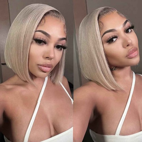 Smavida Ash Blonde HD Transparent Blunt Cut Ash Blonde Bob Wig Human Hair Pre Plucked 13x4 Blonde Lace Front Wigs with Baby Hair Hairline 100% Unprocessed Human Virgin Hair Glueless Bob Wigs