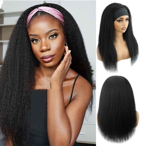 CYIKLI Kinky Straight Headband Wig 24 Inch Human Hair Headband Wigs for Black Women Glueless Yaki Straight Human Hair Headband Wigs Natural Black color