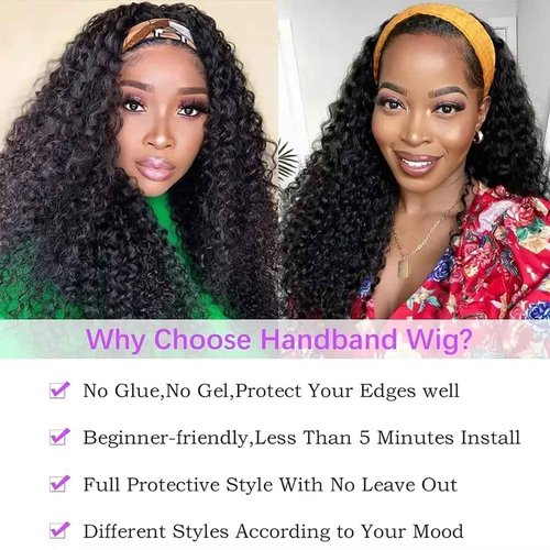 Maytune Curly Headband Wig Human Hair 26inch Glueless Deep Wave Human Hair Wigs None Lace Front Wigs for Black Women Water Wave Headband Wig Natural Color