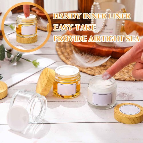 Layhit 96 Pcs 2oz Glass Jars with Lids Clear Small Jars with Plastic Woodgrain Lids, White Labels and Inner Liners Empty Round Cosmetic Containers for Creams Lotions Candle Making (2oz/ 60ml)