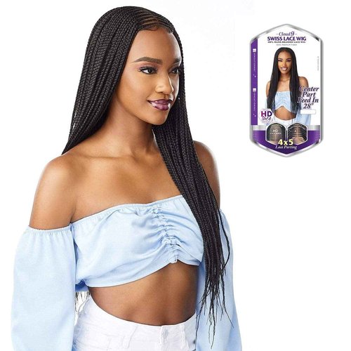 Sensationnel Cloud9 4X5 Braided Wig - Center Part Feed In 28 Inch Hand Tied Swiss Lace Braided Wig With Large Parting Area (1B OFFBLACK)