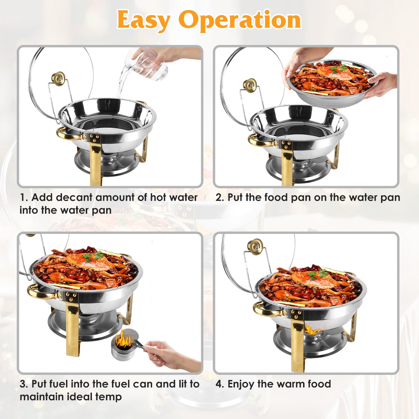 4-Piece Stainless Steel Chafing Dish Set - 4.76QT Round Buffet Servers