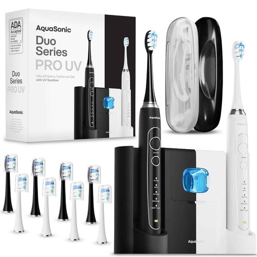 Aquasonic Duo Series PRO UV - ADA Accepted Electric Toothbrushes with UV Sanitizer - Inductive Charging Base - 5 Modes with Smart Timers - 10 Proflex Brush Heads & 2 Travel Cases