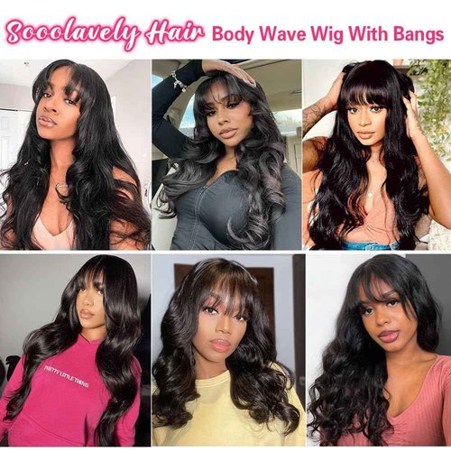 Sooolavely 22 Inch Body Wave Wigs with Bangs Human Hair Wig for Women Machine Made None Lace Front Wigs 180% Density Brazilian Virgin Human Hair Glueless Wig with Adjustable Drawstring Natural Color