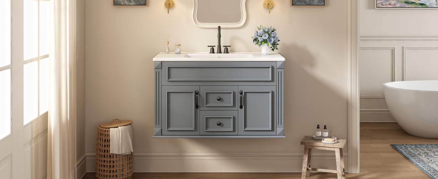 36-Inch Wall-Mounted Bathroom Vanity with Ceramic Sink - Gray