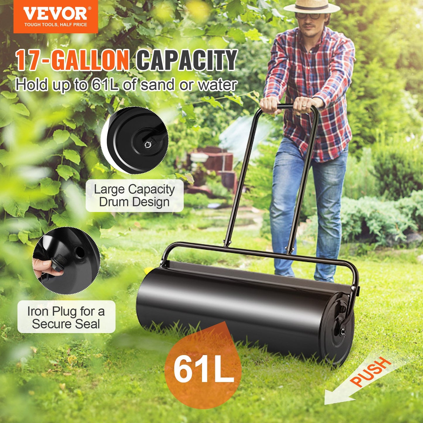 Heavy-Duty Lawn Roller 17 Gallon Steel Water & Sand Filled Garden Tool Black