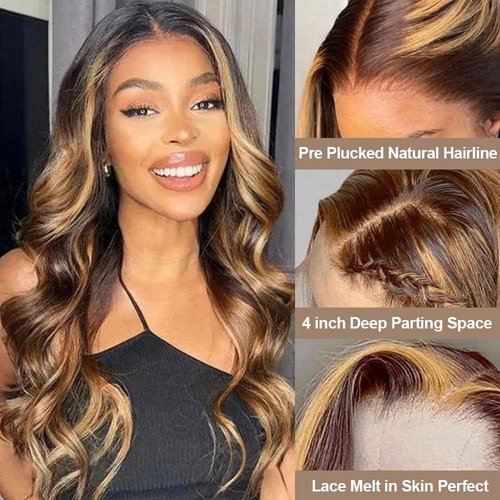 DOSAY Highlight Ombre 13x4 Hd Transparent Lace Front Human Hair Wig 24 Inch Brown Honey Blonde Body Wave Glueless Wigs 180% Density for Woman