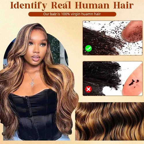 YISEA Ombre Highlight Body Wave Bundles Human Hair 12A Honey Blonde P4/27 Human Hair Body Wave 4 Bundles (18 20 22 inch) 100% Unprocessed Brazilian Virgin Hair Bouble Weft Natural Weave
