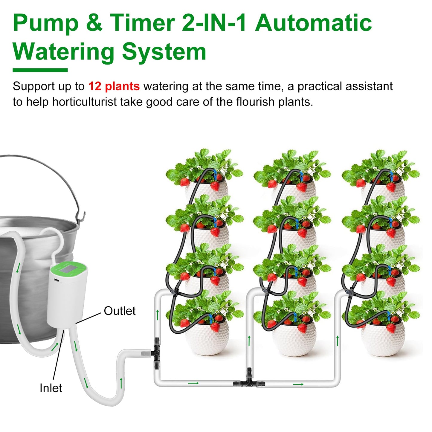 Automatic Watering System for 12 Plants with Timer and Rechargeable Battery