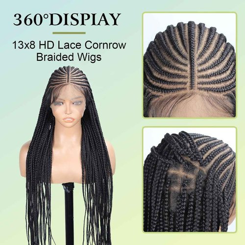 Vecago 36 Inch Cornrow Braided Wigs for Black Women, Knotless 13x8 Box Braid Lace Front Wigs with Baby Hair Black Synthetic Corn Braid Wig