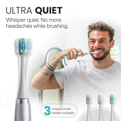 Tranqwil Slimsonic Electric Toothbrush - Vibration Plate Brushhead, 42,000 VPM Motor, 60 Day Charge, 5 Modes, 2 Min Built-in Smart Timer (Silver Metal)