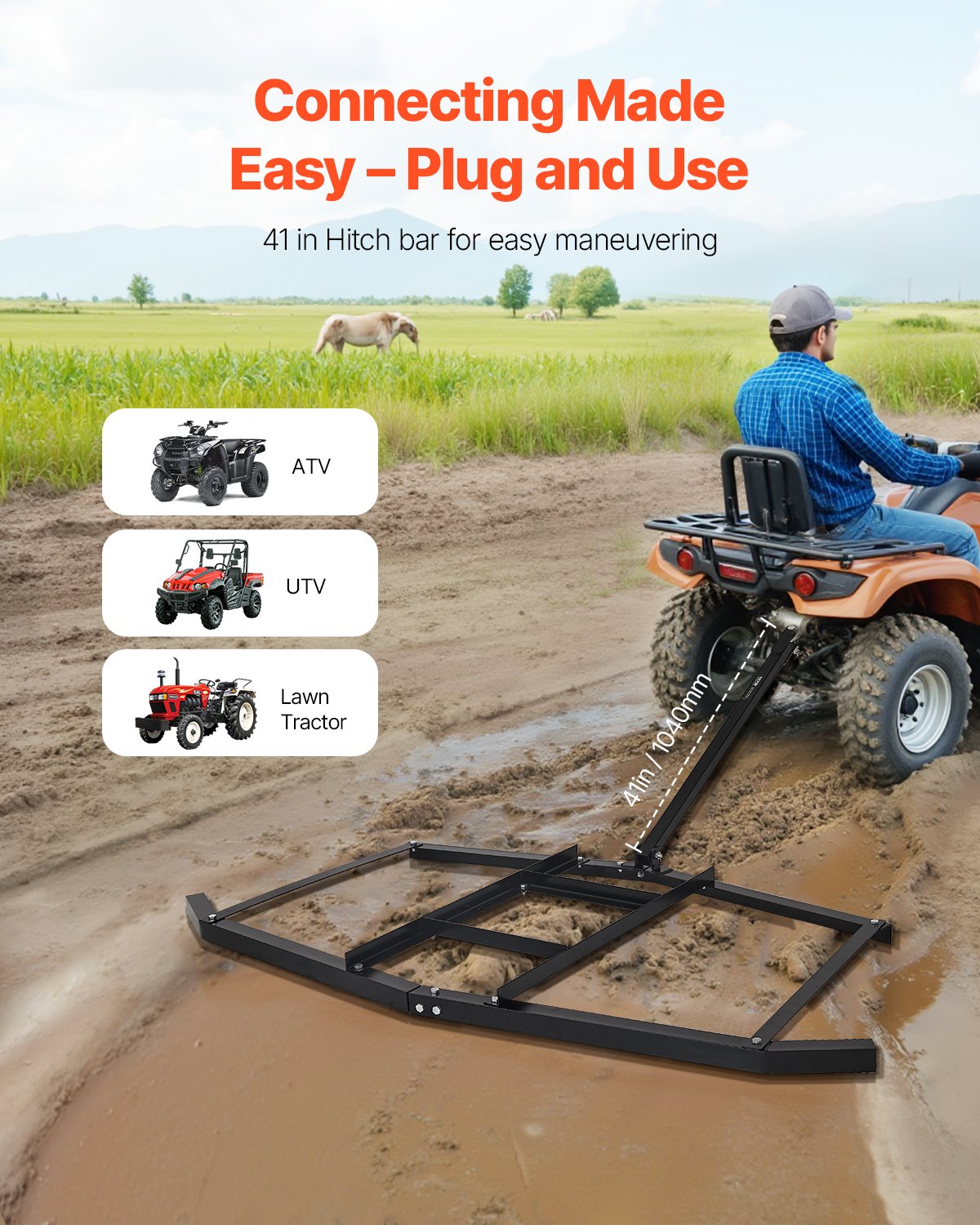 74-Inch Tow Behind Steel Drag Harrow for ATV UTV Gravel Leveling