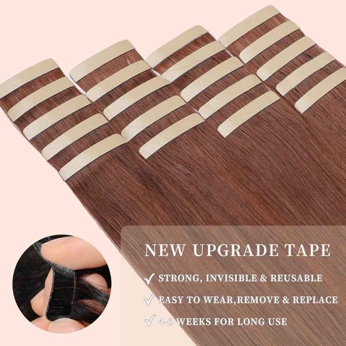 Tape in Hair Extensions Real Human Hair 24 Inch Dark Auburn Double Sided Tape for Skin Weft Hair Extension Invisible Straight Remy Human Hair for Women 20pcs (33#,24 Inch)