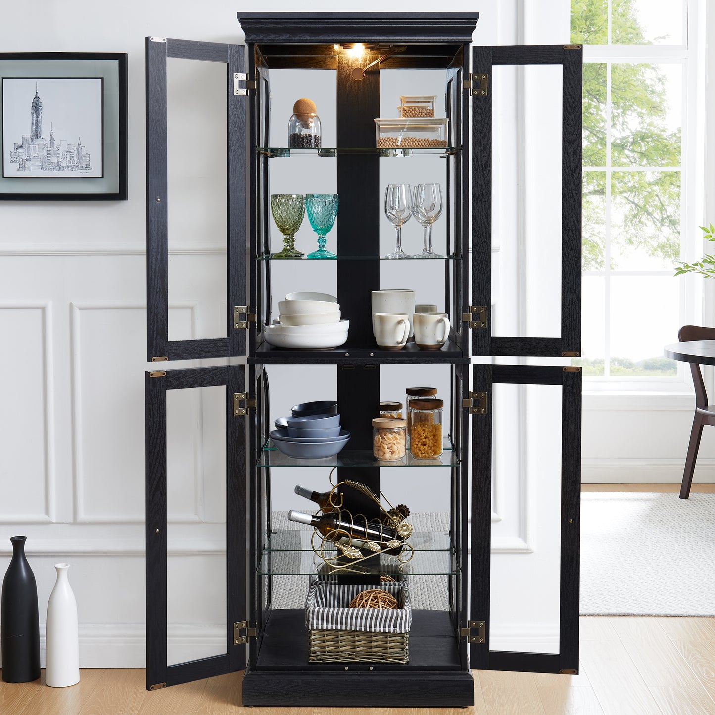 Elegant Lighted Glass Curio Display Cabinet - Wooden Frame Storage
