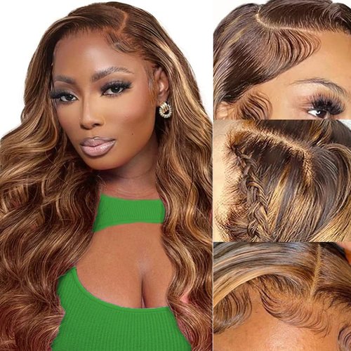 Naliandra 26 Inch Honey Blonde Lace Front Wig Human Hair Pre Plucked Ombre 13x4 Body Wave Lace Front Wigs Human Hair 4/27 Highlight 180 Density HD Lace Frontal Wigs