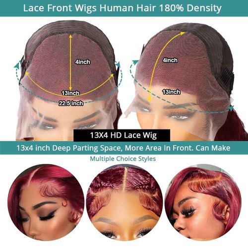 Allove Burgundy Lace Front Wigs Human Hair Pre Plucked 180% Density 22inch Body Wave Lace Front Wigs with Baby Hair 13x4 Glueless HD Transparent Frontal Wigs For Women