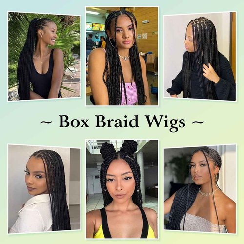 Vecago 36 inch Single Full Lace Braided Wigs for Black Women, 360 HD Lace Knotless Box Braid Wigs with Baby Hair Black Synthetic Braid Wig