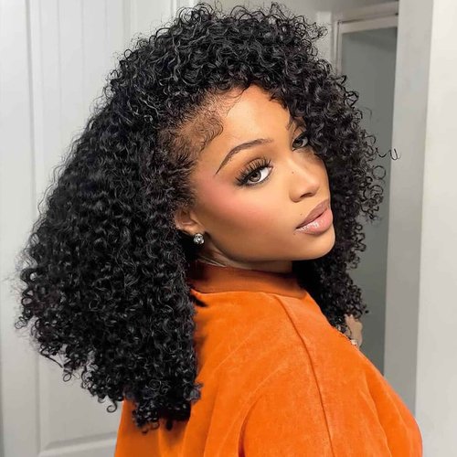 Second Generation Kinky Curly Half Wig Human Hair 210 Density 3 In 1 Seamless Flip Half Wigs Glueless Human Hair Beginner Friendly 18 Inch KinkyCurly Wig with Full Drawstring Headband Wig for Women