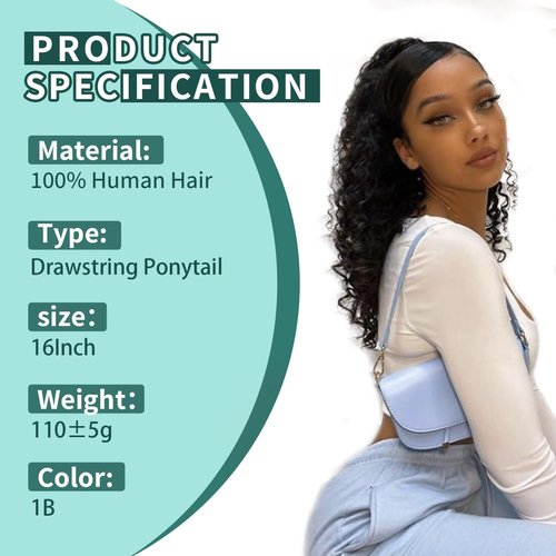 SPIKFN Ponytail Extension Human Hair Curly Ponytail Extension for Black Women Long Afro Puffs Hair Buns Drawstring Ponytail Human Hair (16 Inch #1B Natural Black)