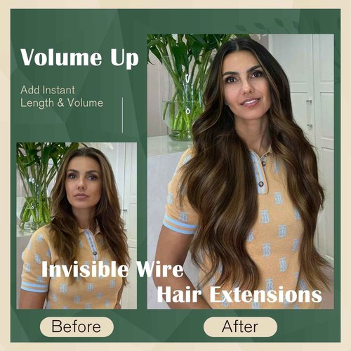 Ugeat Invisible Wire Hair Extensions Real Human Hair Brown Ombre Fishing Wire Human Hair Extensions Darkest Brown to Medium Brown Balayage Long Straight Full Head 20 Inch 95g
