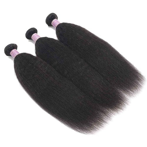 Vligcor Kinky Straight Human Hair Bundles With 4x4 Lace Closure Free Part 16 16 16+14 Inch Natural Black 100% Unprocessed Brazilian Virgin Yaki Straight Hair Extensions (16 16 16+14Closure)