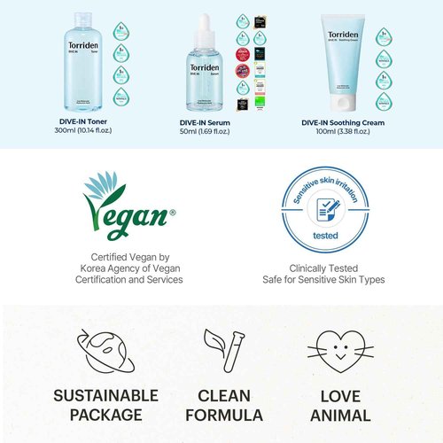 Torriden DIVE-IN Low-Molecular Hyaluronic Acid Serum, 1.69 fl oz + Toner 10.14 fl oz + Soothing Cream 3.38 fl oz | Vegan Clean Cruelty Free Facial Ampoule Moisturizer Alcohol-free Fragrance-free