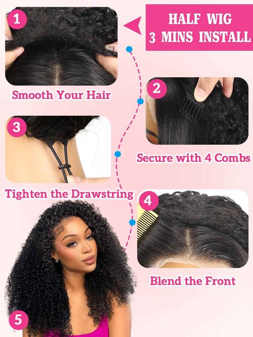 yosly Half Wig Human Hair 3 In 1 Kinky Curly Half Wig Glueless Wigs Human Hair Seamless Flip Over Invisible Hairline Wear Go Beginner Friendly Curly Half Wigs for Women 16 Inch