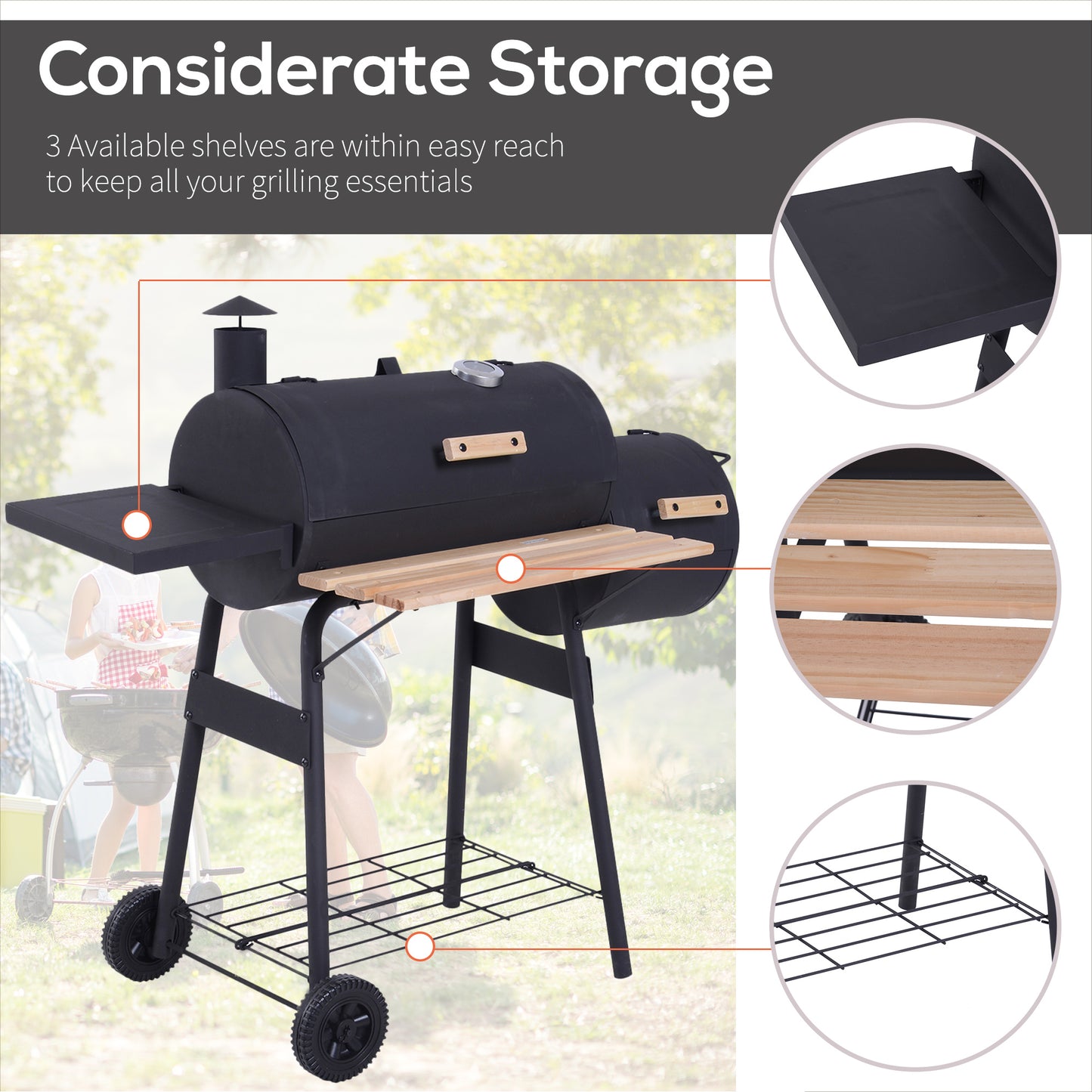 Portable Charcoal BBQ Grill with Wheels & Thermometer - Black