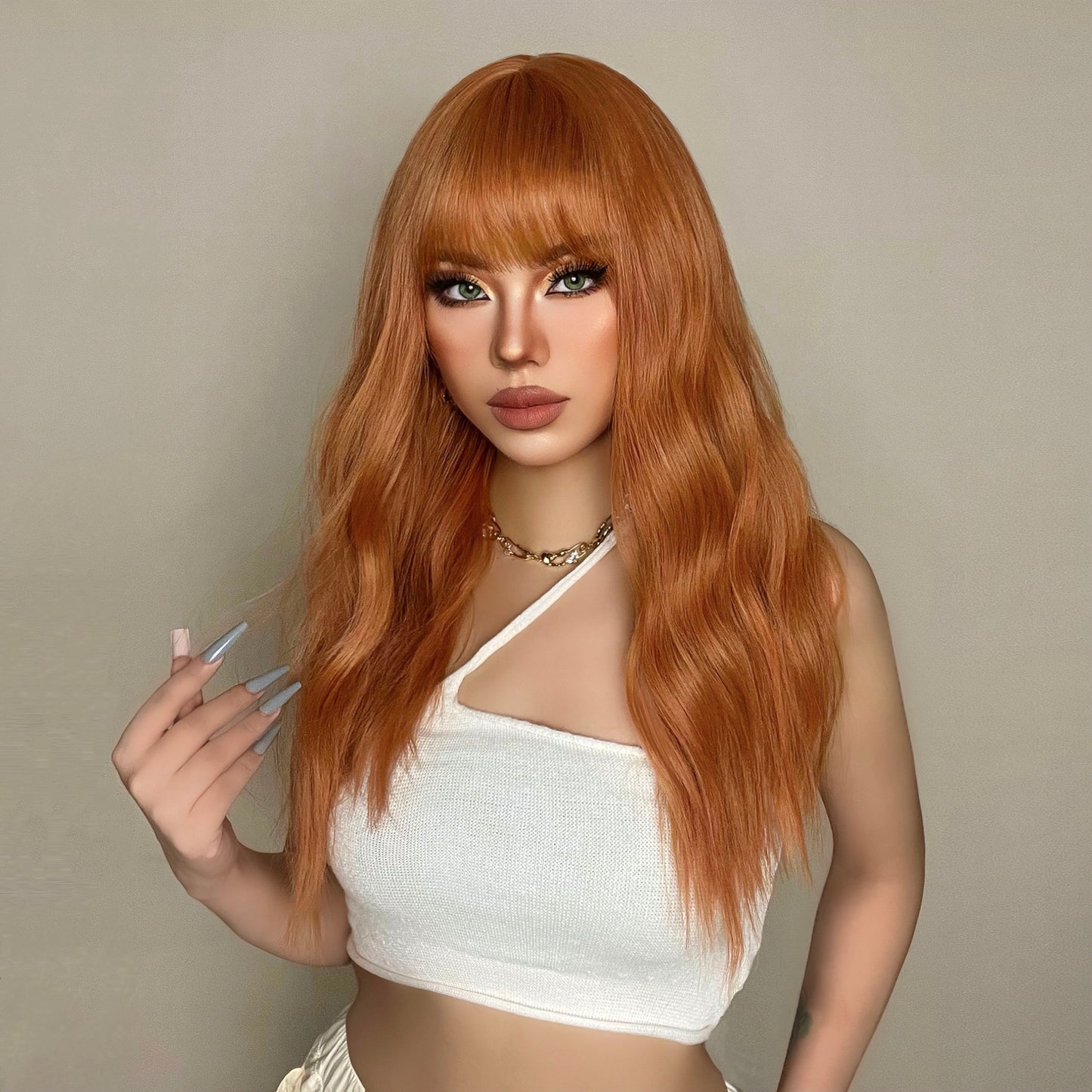 Women’s Orange Synthetic Long Hair Wig 50cm for Daily Use