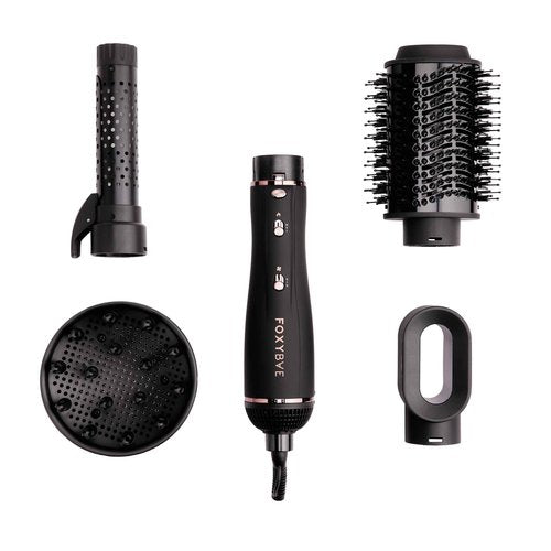 Foxybae Super Styler – 4-in-1 Blow-Dryer Brush Set - Diffuser, Blowout-Brush, 1.25” Curling Barrel & Drying Cylinder - Voluminous, Frizz-Free Hair - Dryer, Straightener & Curler (Black Rose-Gold)