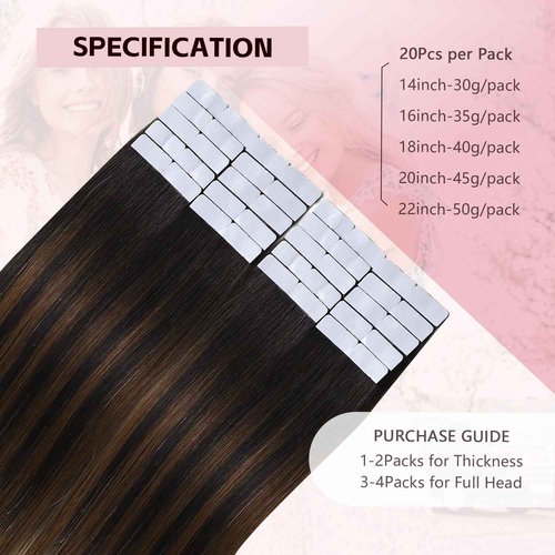 Sweetmet Invisible Tape in Hair Extensions Human Hair 3rd-Generation #1b/4/27 Natural Black to Chocolate Brown and Caramel Blonde 20pcs 50g 22inch Invisi Edge Tape ins Extensions(#1b/4/27a-22inch)