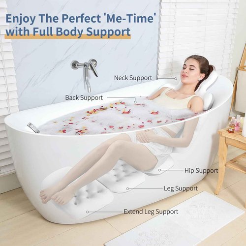 Luxury Bath Cushion, Full Body Bathtub Pillow with 160 Suction Cups, Bath Mat for Head and Neck Support, with Laundry Bag (White, 60.2" x 16.2")