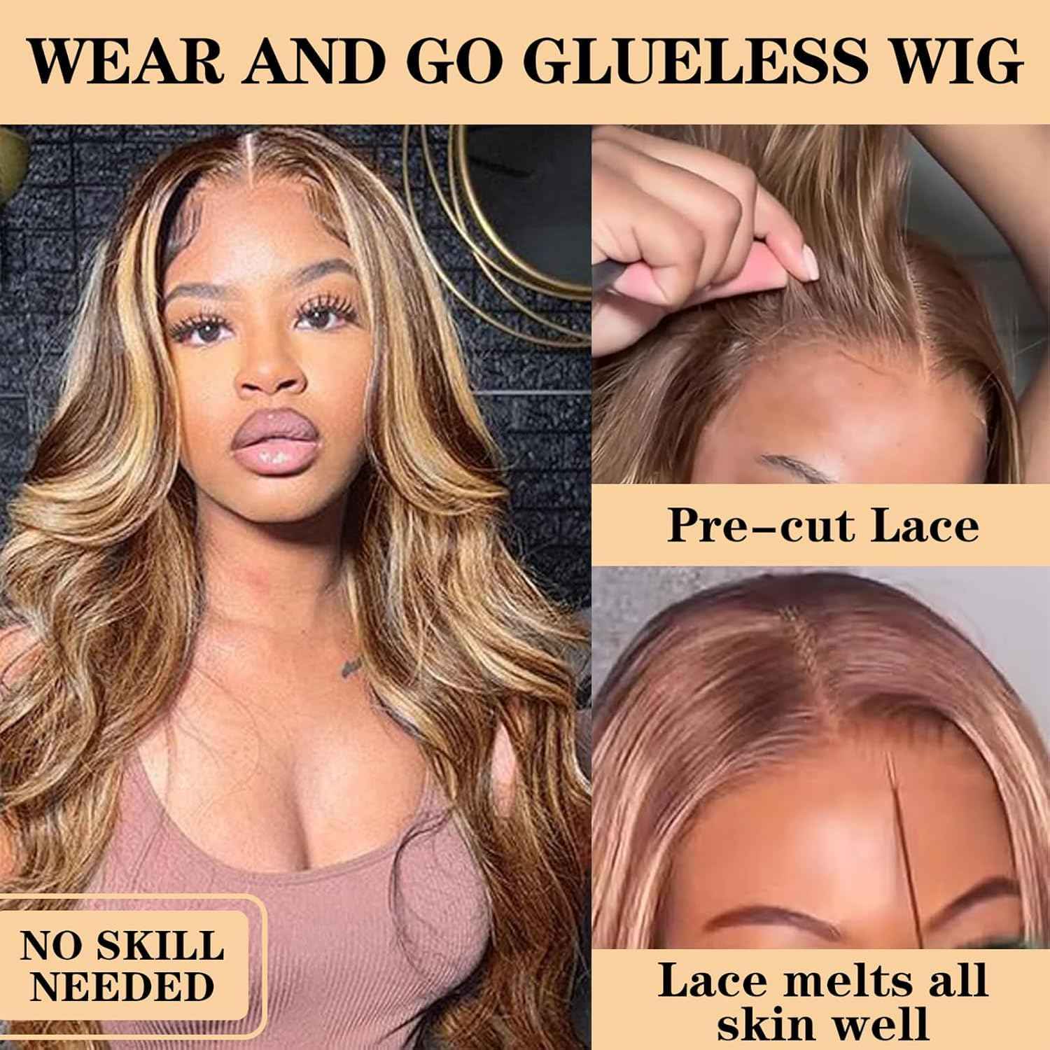 Highlight Ombre Glueless Wigs Human Hair Pre Plucked Pre Cut 200% Density 5x5 HD Lace Closure Wigs Human Hair P4/27 Colored Honey Blonde Body Wave Lace Front Wigs Human Hair for Women (18 Inch)
