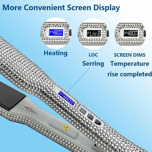 Hair Straightener Ceramic Flat Iron with Gorgeous Rhinestone Bling Crystal Diamond, 2 in 1 Hair Straightener and Curler, 60 Min Auto Shut Off, LCD Temp Display,1.6in Widen Ceramic Plates (White)