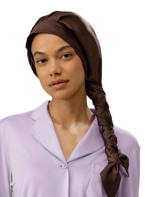 LilySilk 100% Mulberry Silk Sleep Cap Women Extra Long Tie Bow Silk Bonnet Night Hair Wrap Chocolate Brown