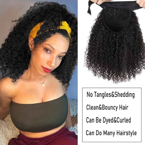 Coshgirl Kinky Curly Headband Wig Human Hair Curly Headband Wig Human Hair Machine Made Glueless None Lace Front Wig Brazilian Virgin Human Hair for Black Women Natural Color 24Inch