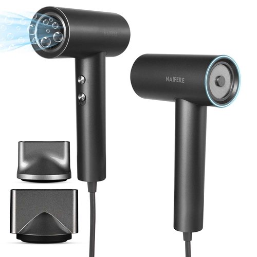 NAIFERE 1300W Hair Dryer - High-Speed Negative Ionic Blow Dryer with 2 Magnetic Nozzles, Low Noise Thermo-Control Hair Dryer for Home Travel, Dark Grey