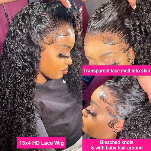 Pizazz Deep Wave Lace Front Wigs Human Hair Pre Plucked180 Density 13x4 HD Lace Frontal Human Hair Wigs with Baby Hair (16 Inch, Black color)