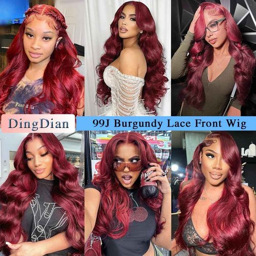 Ding Dian 28 Inch 99j Burgundy Lace Front Wigs Human Hair Red Wig Burgundy Human Hair Wig Glueless Lace Front Wigs for Women 13x4 Body Wave Lace Front Wigs Pre Plucked 180% Density
