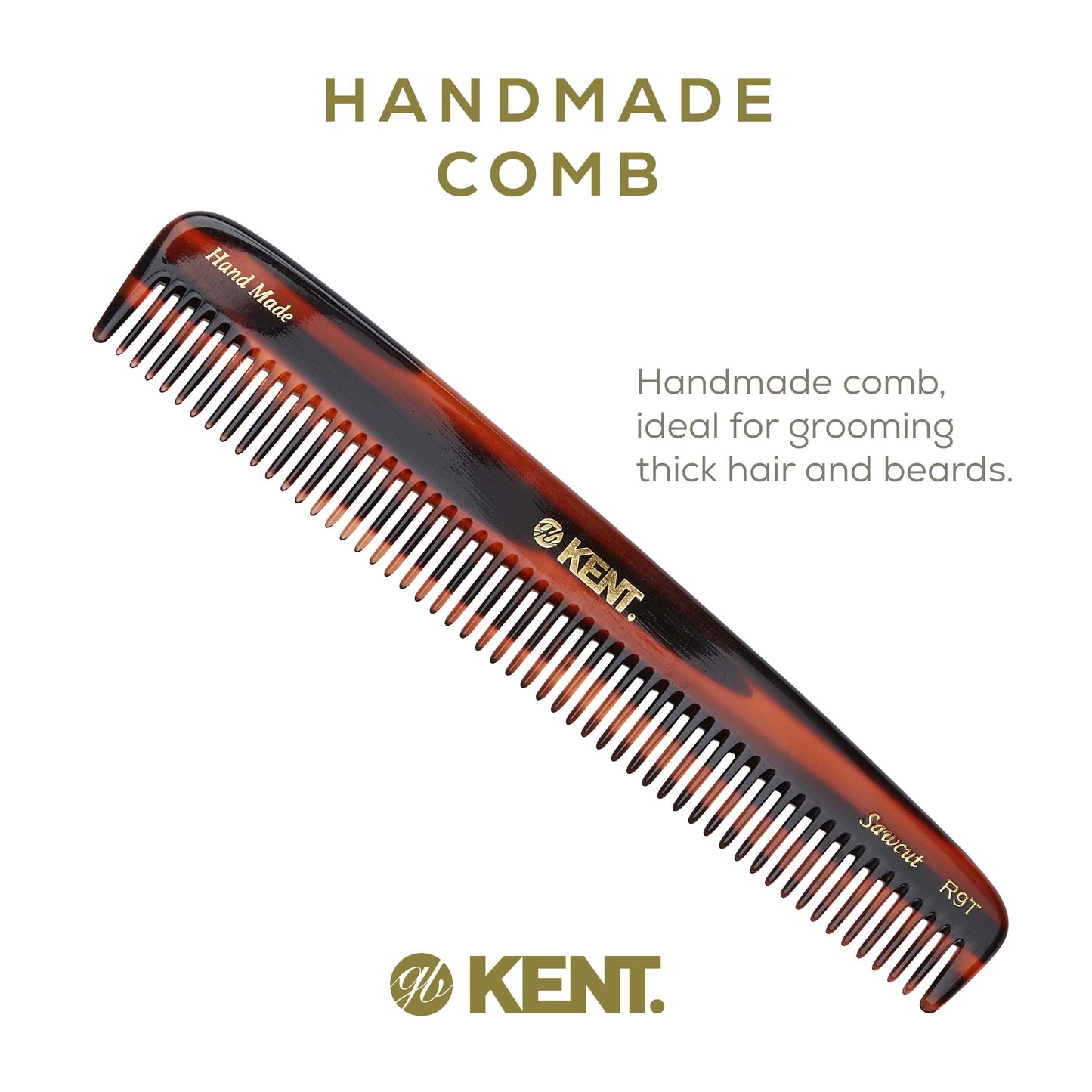 Kent R9T All Coarse Detangling Comb, Wide Teeth Dressing Table Comb for Thick Curly Wavy Hair. Detangler Combs for Grooming Styling Hair, Beard and Mustache. Saw-Cut. Handmade in England