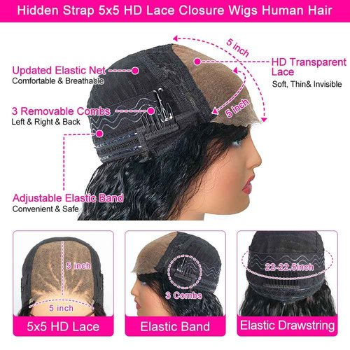 Hidden Strap Deep Wave 5x5 HD Lace Closure Wigs Human Hair Invisible Strap Bleached Konts Glueless Wigs Human Hair Pre Plucked Pre Cut 180% Denisty Deep Wave Closure Wigs with Drawstring 24 inch
