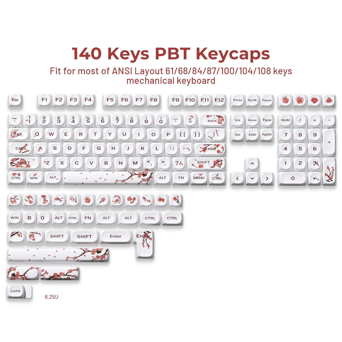 XVX MOA Profile Cherry Blossom PBT Keycaps, 140-Key Dye-Sub Keycaps for ANSI/ISO Layout (Compatible with Cherry MX Switches & GK61/68/87/96/104/108, Includes 6.25u Spacebar)