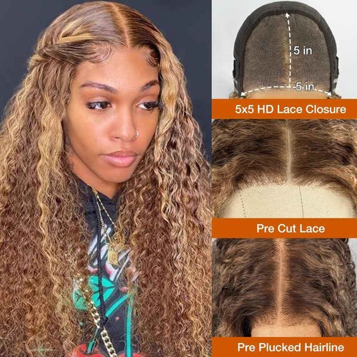 Smilegirl Highlight Glueless Wigs Human Hair Pre Plucked Pre Cut Ombre Honey Blonde Curly Lace Front Wig for Black Women 5x5 HD Lace Closure Wig for Beginners 180 Density