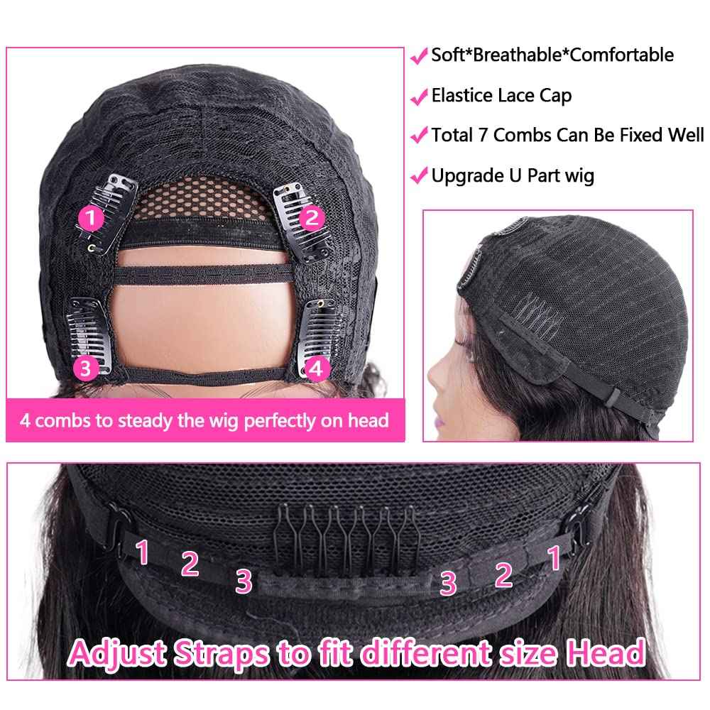 kloiynj U Part Wigs Human Hair for Black Women Deep Wave Human Hair Brazilian Hair Full Head Clip in Half Wig V Part Glueless Wigs Human Hair Pre Plucked U Shape Wigs (Natural Black, 14 inch)