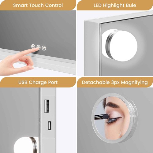 GAOMON Vanity Mirror with Lights, Lighted Mirror with 17 Dimmable LED Bulbs, Makeup Mirror with 3X Magnification, 3 Colors Modes,Touch Control, Metal Frame,White