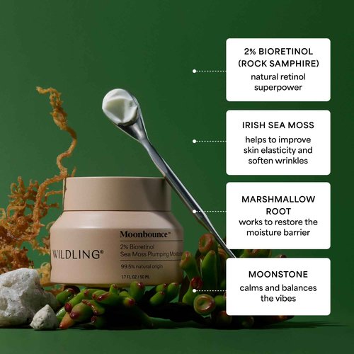 WILDLING Moonbounce 2% Bioretinol Plumping Moisturizer I Rock Samphire, Irish Sea Moss, Marshmallow Root, Moonstone I Hydrates, Boosts Elasticity, Firms I 99.5% Natural, Vegan, Cruelty Free (1.7fl oz)