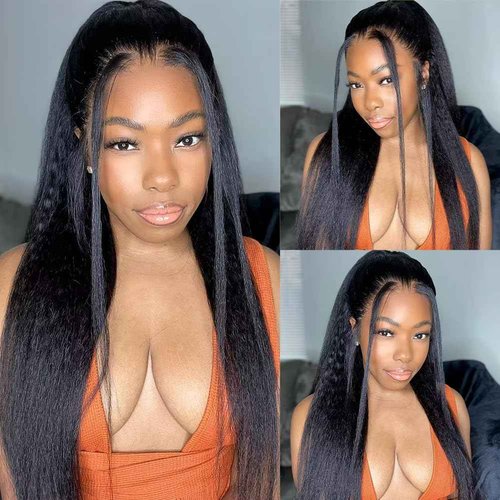 veravicky Kinky Straight Wig 16 Inch 180% Density Yaki Straight Human Hair Wig With Pre-Plucked Hairline & Adjustable Straps,Natural Black 13x4 Lace Front Wigs Human Hair For Black Women
