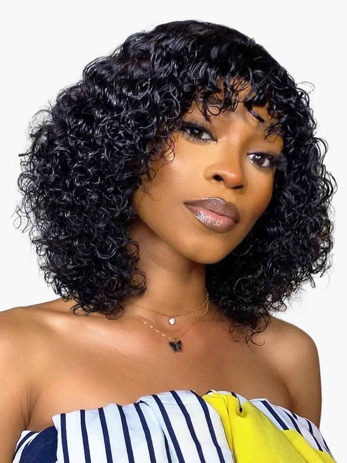 15A Raw Human Hair Wig with Bangs 4x2 Lace Short Water Wave Curly Glueless Wigs Layered Bob Wig Human Hair 180% Density Ready to Wear Wigs Glueless Human Hair for Women (10 Inch 1B Black)