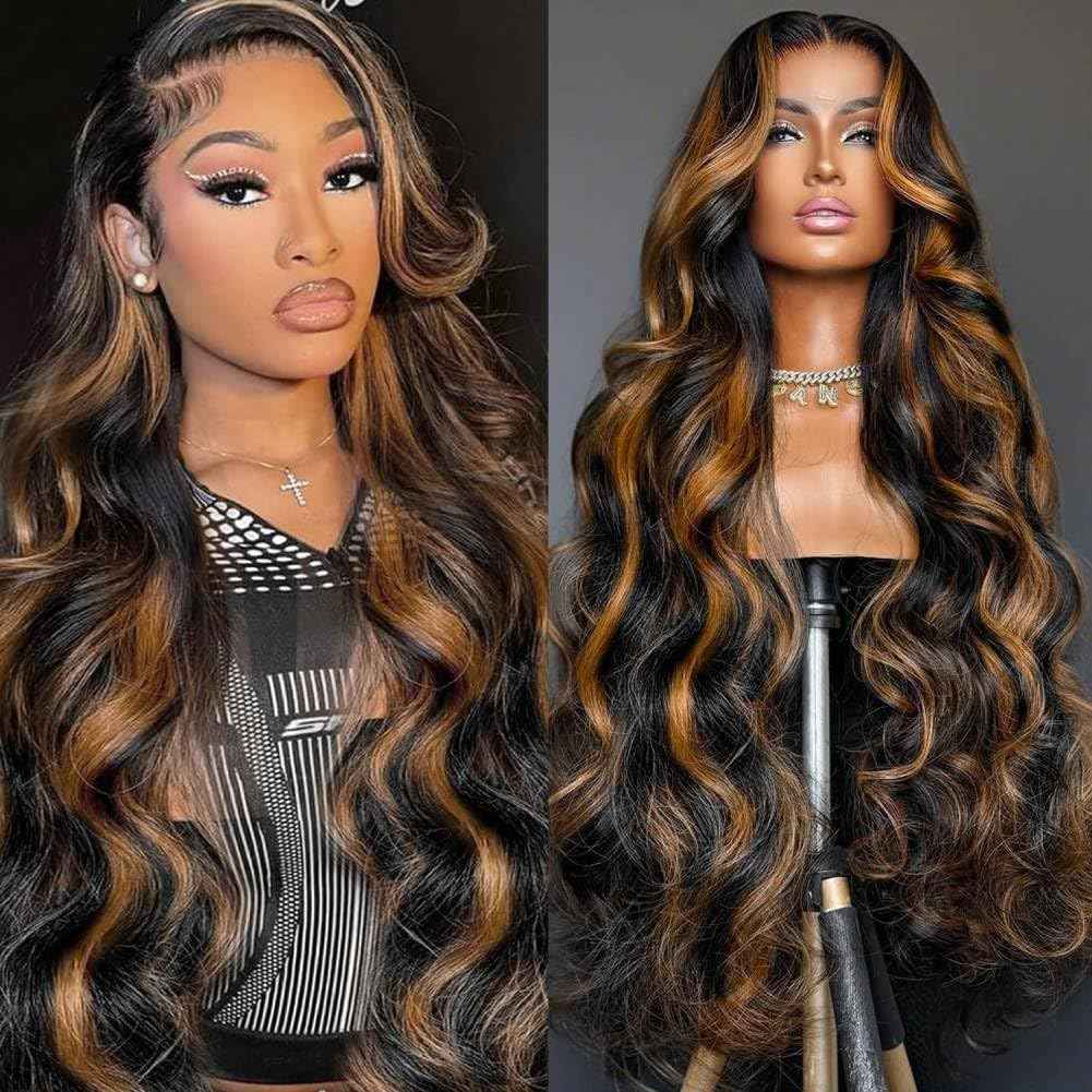 1B/30 Highlight Ombre Lace Front Wigs Human Hair 13x6 HD Glueless Body wave Lace Frontal Wigs 180% Density Brazilian Virgin Human Hair Wigs for Women Pre Plucked with Baby Hair (1B30, 24Inch)
